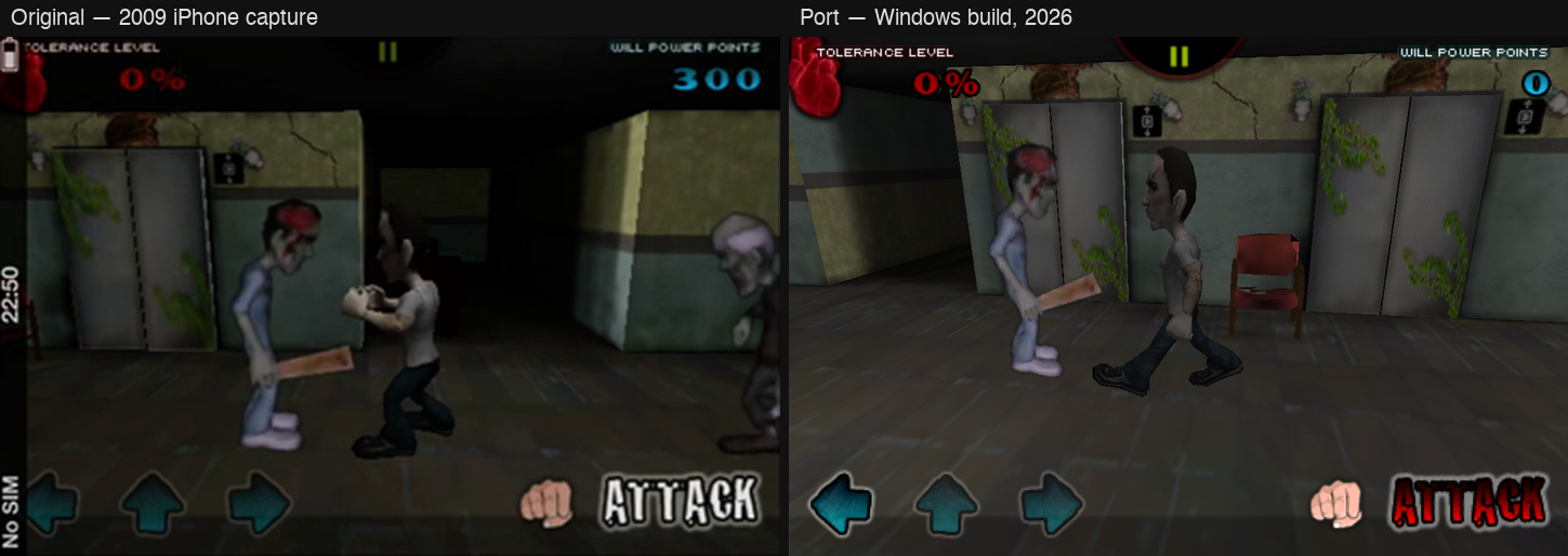 Level 2 in the 2009 capture and in the port's Windows build: same
elevators, same chair, same enemy mid-swing