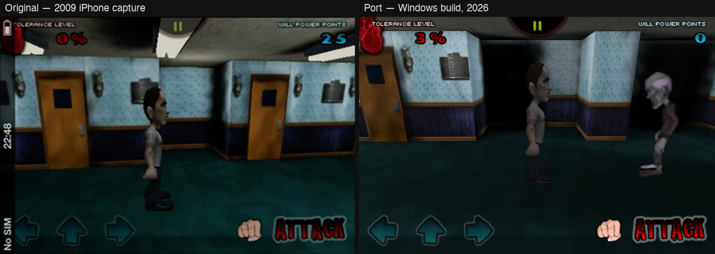Level 1 in the 2009 iPhone capture and in the port's Windows build: same
corridor, same HUD, same on-screen controls