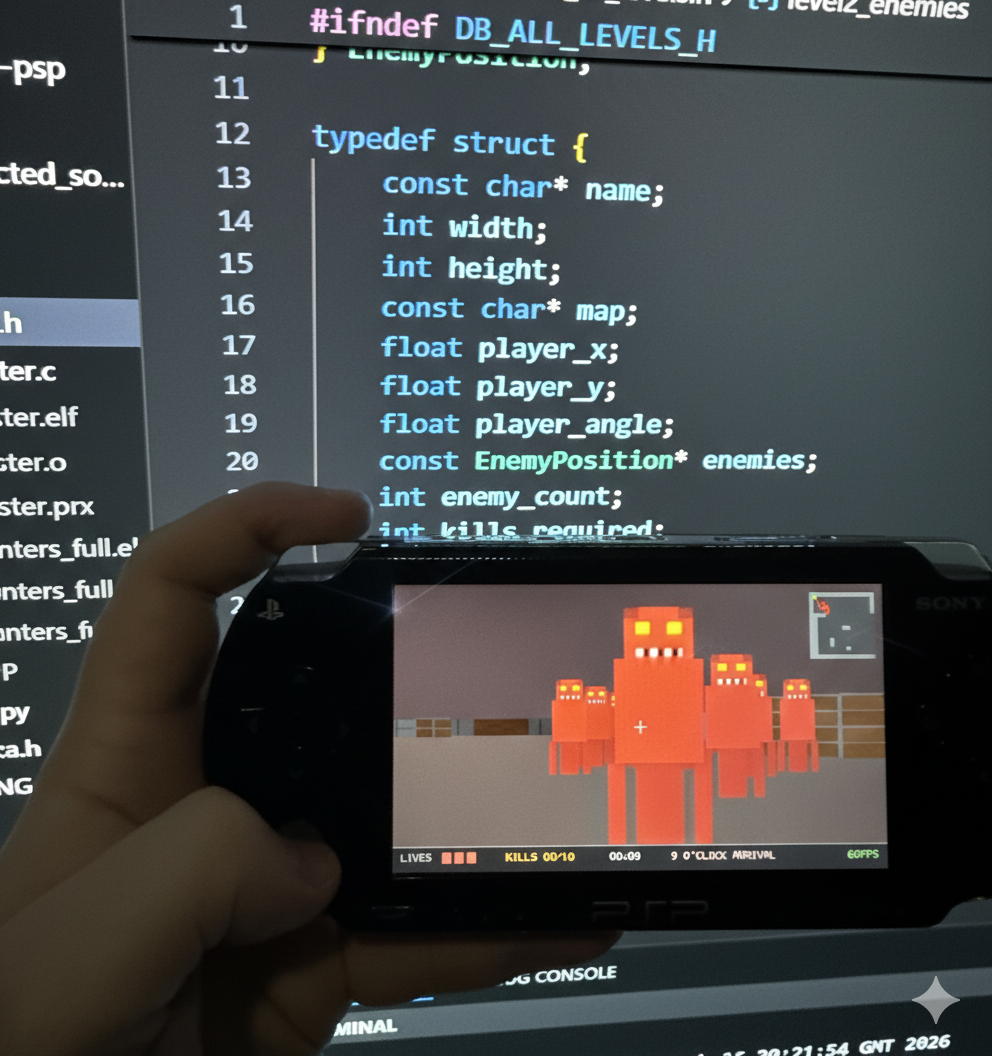 Demon Blaster running on a Sony PlayStation Portable, with the project source code on screen behind it